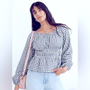 Madewell Sophia Top In Textured Windowpane Women’s Size M Navy & White Cropped